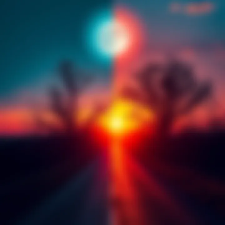 A beautiful contrast of a bright sunrise on one side and a serene moonrise on the other, showcasing the transition from day to night.