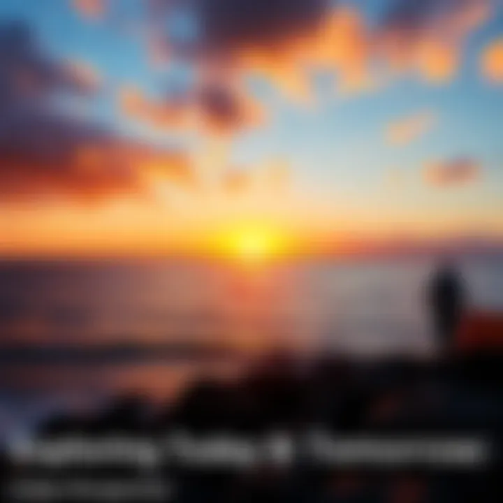 A scenic view showing a sunrise and sunset over a calm sea, symbolizing the passage of time between today and tomorrow.