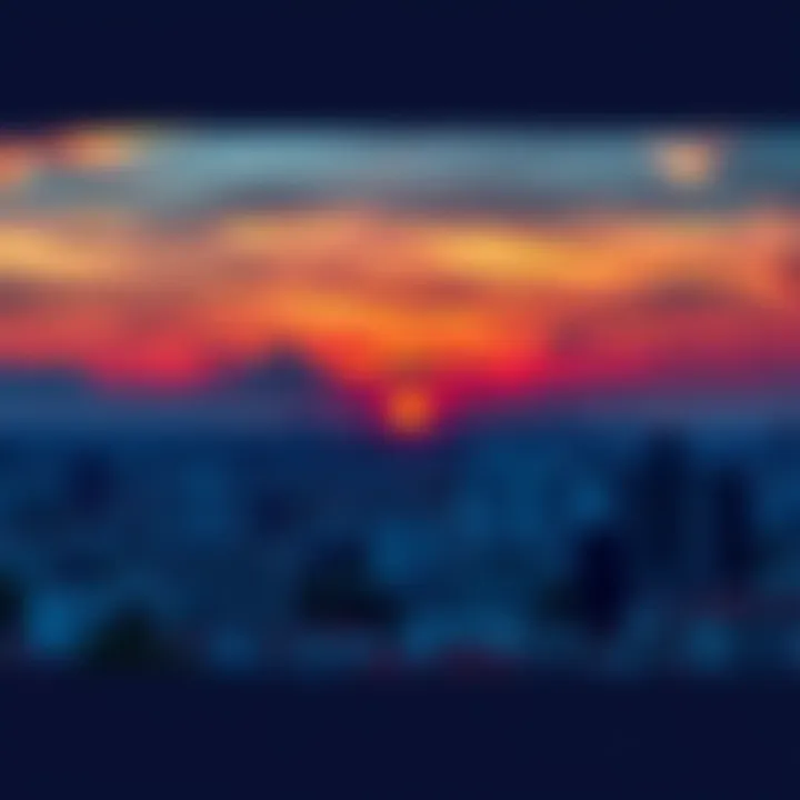 A vibrant sunset paints the sky above a bustling city, capturing a moment of natural beauty amidst daily life.