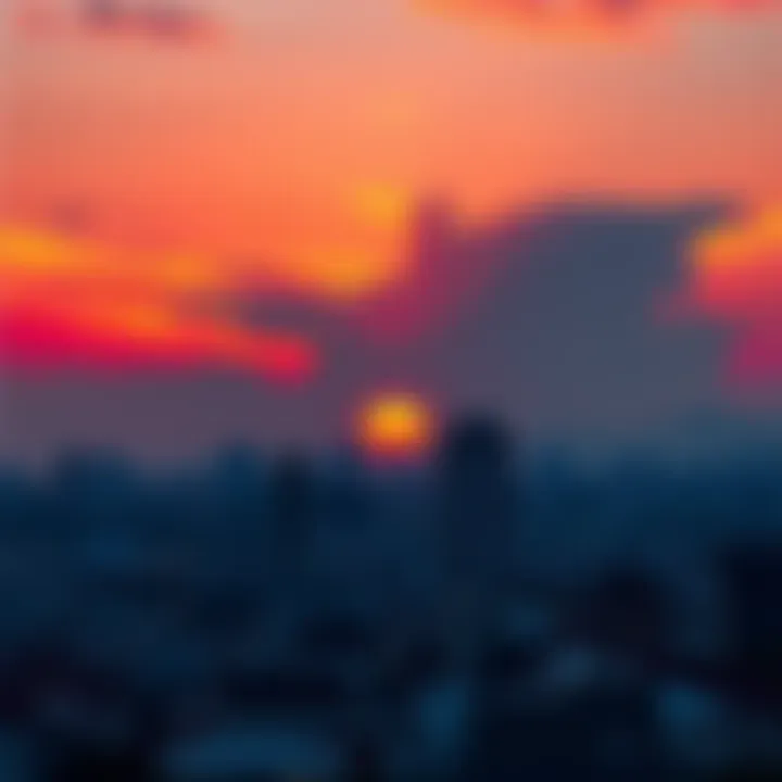 A vibrant sunset illuminating the skyline of a city, casting warm hues in the sky