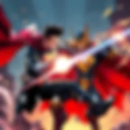 Super Boy Prime and Lord English clash in an intense battle, showcasing their powers in a dramatic setting.