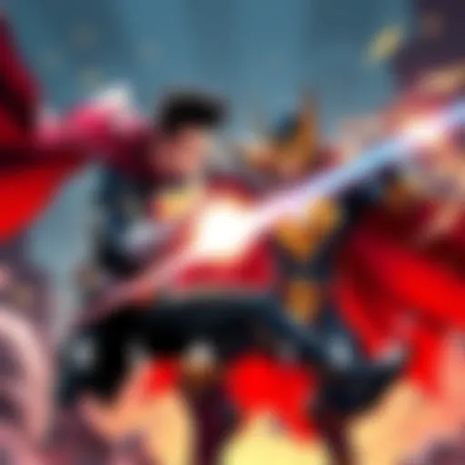 Super Boy Prime and Lord English clash in an intense battle, showcasing their powers in a dramatic setting.