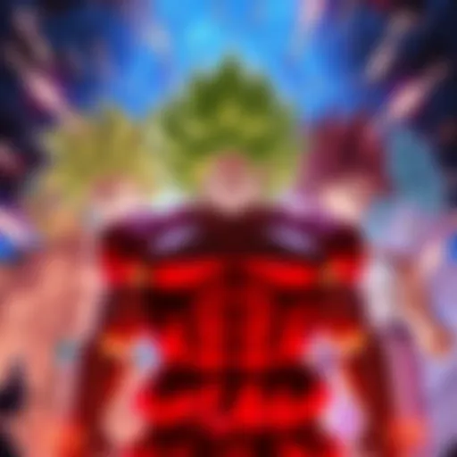 Broly in his green-haired Super Saiyan form alongside other Super Saiyan forms, showcasing power and energy in a vibrant scene.