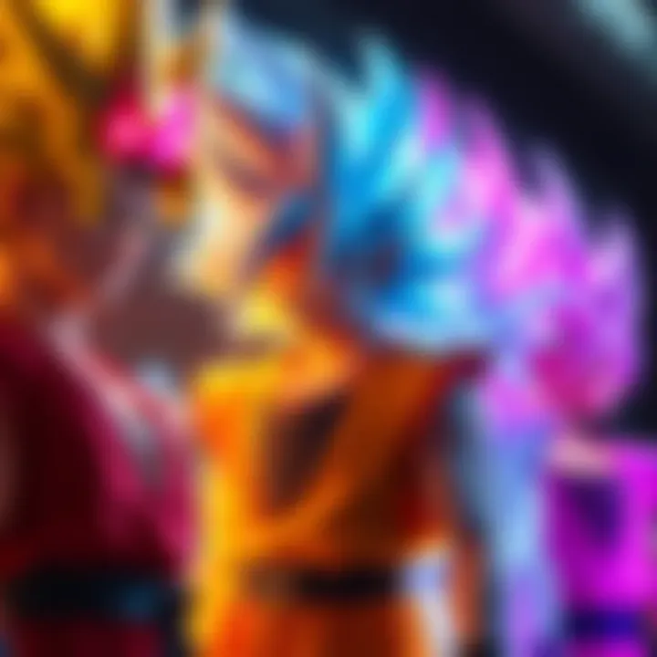 A vibrant display of different Super Saiyan colors showcasing character transformations, featuring golden, blue, and pink hues.