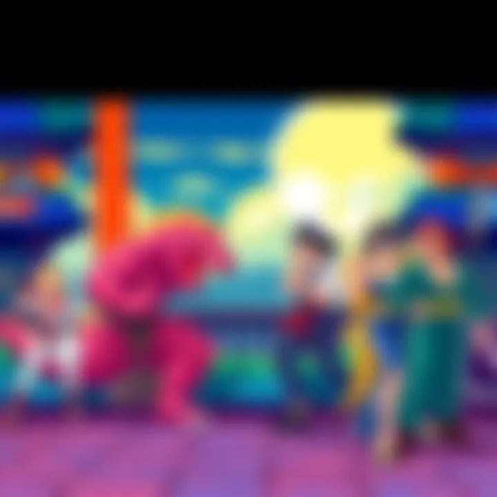Colorful pixel art scene featuring characters and backgrounds from Super Famicom YYH fighting games