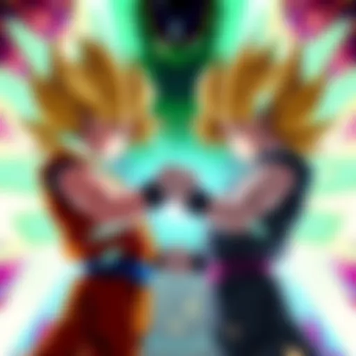 Super Goten and Trunks display their powers while facing off against Cell in a battle scene