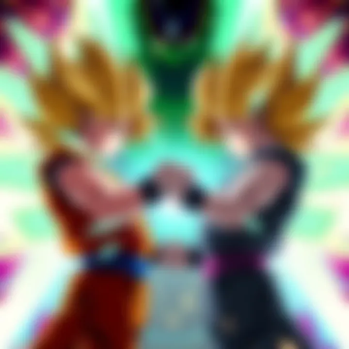 Super Goten and Trunks display their powers while facing off against Cell in a battle scene