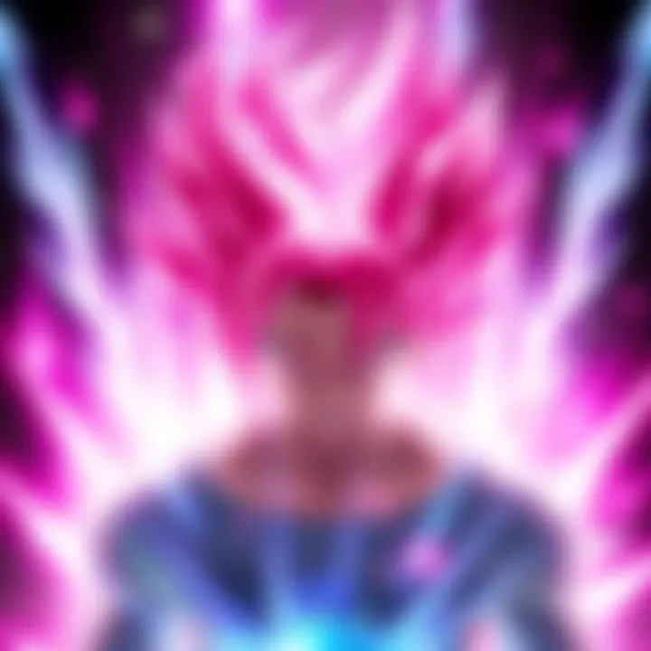 Super Saiyan Rose Transformation A character transforming into Super Saiyan Rose, showcasing pink hair and an intense aura, surrounded by energy effects.