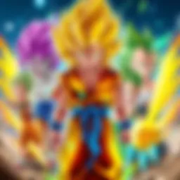 Various Super Saiyan forms including Super Saiyan God Super Saiyan and Broly's green-haired variant
