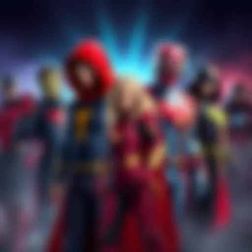 Main characters in the new series wearing unique superhero and villain costumes, showcasing their powers and styles.