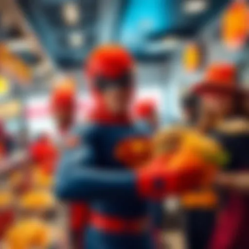 Iconic superheroes wearing fast food uniforms, serving burgers and fries in a busy restaurant