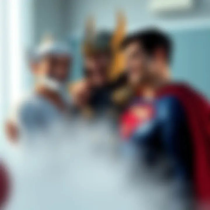 Goku, Thor, and Superman laughing together while discussing who is the weakest superhero, each showing their unique expressions and poses, radiating a fun atmosphere.