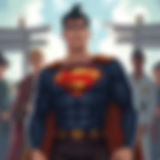 Superman stands confidently in a jujutsu society setting, surrounded by notable characters like Yuji and Gojo, showing a mix of admiration and tension. The Zenin clan is visible in the background, watching the interaction.