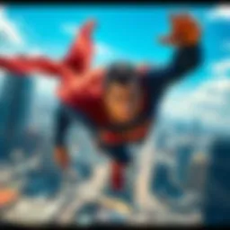 Superman flying over a bustling city with a bright blue sky, showcasing dynamic action and energy