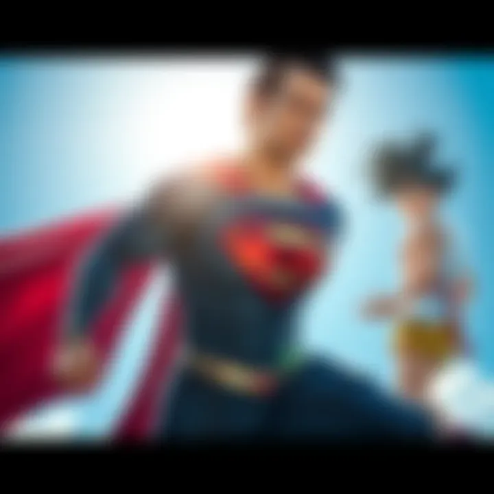 Superman in a heroic pose, inspired by Goku's look, with a bright blue sky in the background