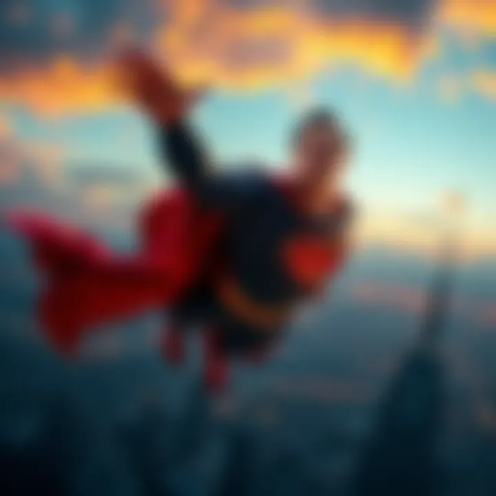 Superman flying high above a city, demonstrating his strength and abilities