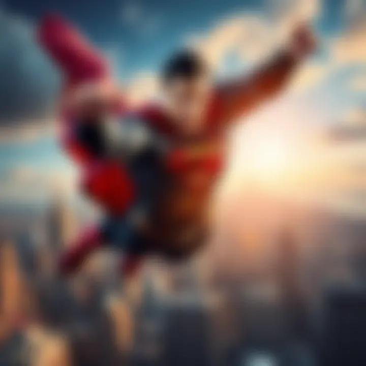 Superman flying in the sky, demonstrating his immense strength and power with a backdrop of various iconic cityscapes.