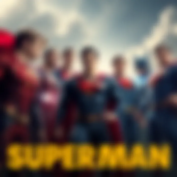 A group of various Superman characters from different comic iterations, showcasing their unique powers and styles in an epic debate setting.