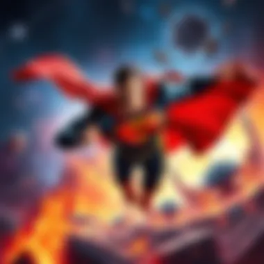 Superman flying through the cosmos, demonstrating immense strength with multiverse destruction in the background, while Darkseid looms nearby.