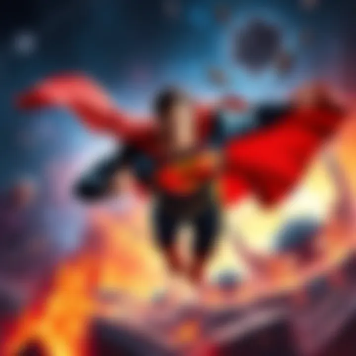 Superman flying through the cosmos, demonstrating immense strength with multiverse destruction in the background, while Darkseid looms nearby.