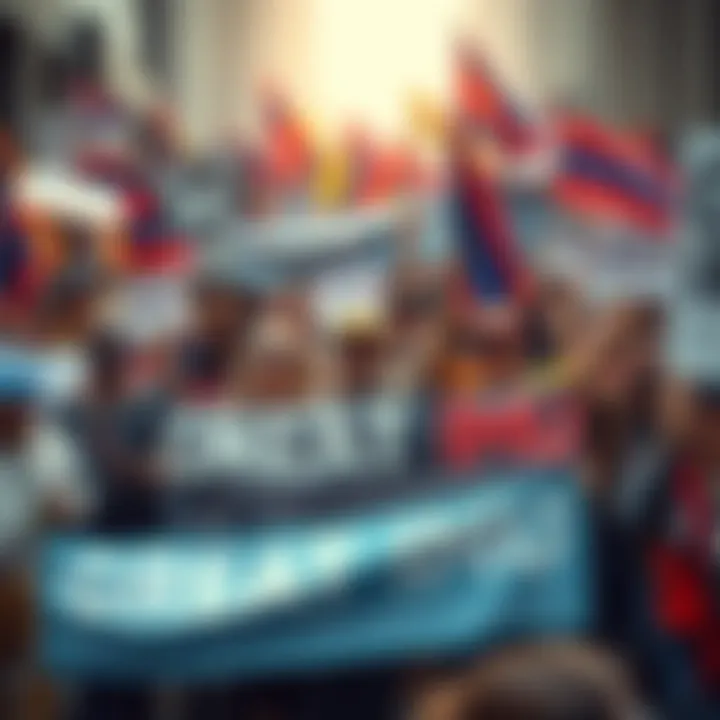 A diverse group of people holding banners and signs in support of Great IMU, showcasing unity and determination.