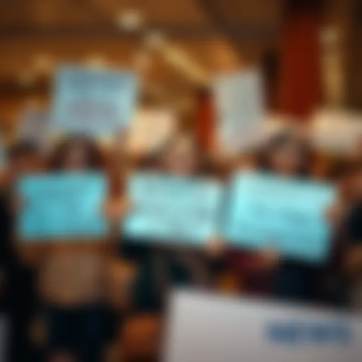 A group of people holding signs showing support for a woman in need, expressing sympathy and concern in a public setting.
