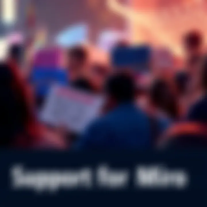 A community gathering with people holding signs of encouragement for Mio's recovery, showing love and support.