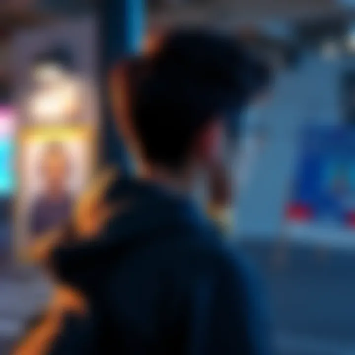 A person looking at a poster of a VTuber, looking concerned and reflective about their experience.