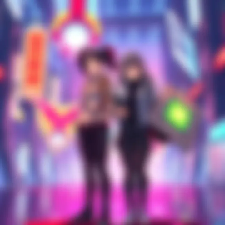 Mei Hatsume and Melissa Shield standing together, discussing their support for Hiro Watanabe in a colorful setting. Each character shows distinct traits with Mei holding tech gadgets and Melissa looking confident.