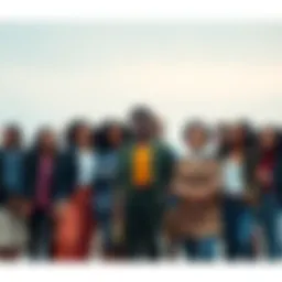 A group of diverse people standing together, smiling and showing solidarity, representing connection and reassurance.