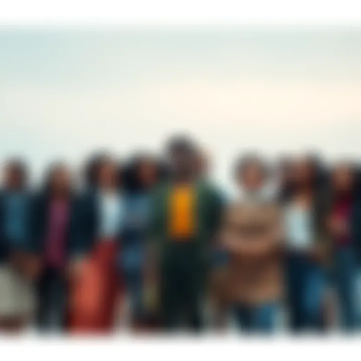 A group of diverse people standing together, smiling and showing solidarity, representing connection and reassurance.