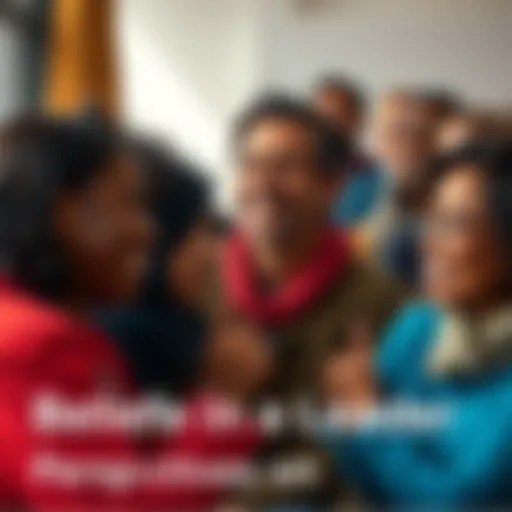 A diverse group of people expressing trust and loyalty towards their leader, sharing personal stories and smiles.