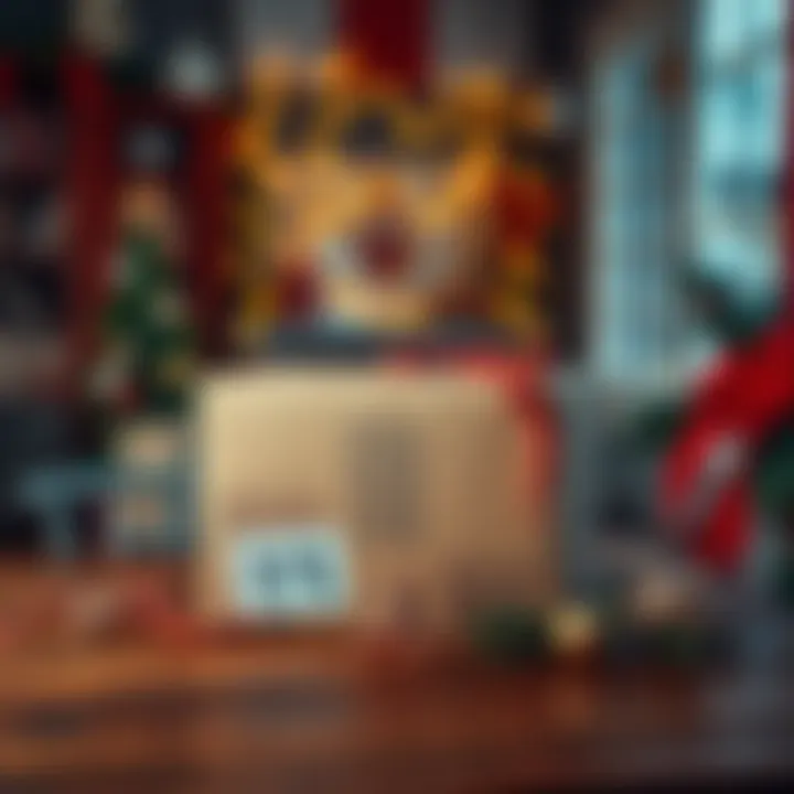 Surprise Package on a Table A closed cardboard box sits on a wooden table, surrounded by festive decorations, hinting at a surprise inside.