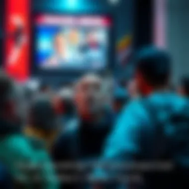 A diverse group of people with puzzled expressions watching a news broadcast on a large screen in a public space.