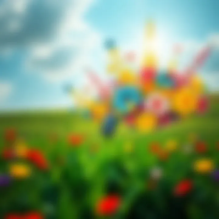 A person standing in a lush green field, looking surprised at a sudden colorful burst of flowers blooming around them.