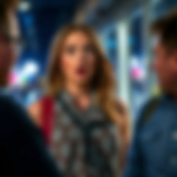 A woman with a surprised expression approaches another person while dressed unexpectedly, causing laughter around them.