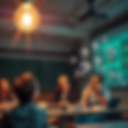 A light bulb illuminating various intriguing facts and questions in a classroom setting with curious people engaged in discussion.