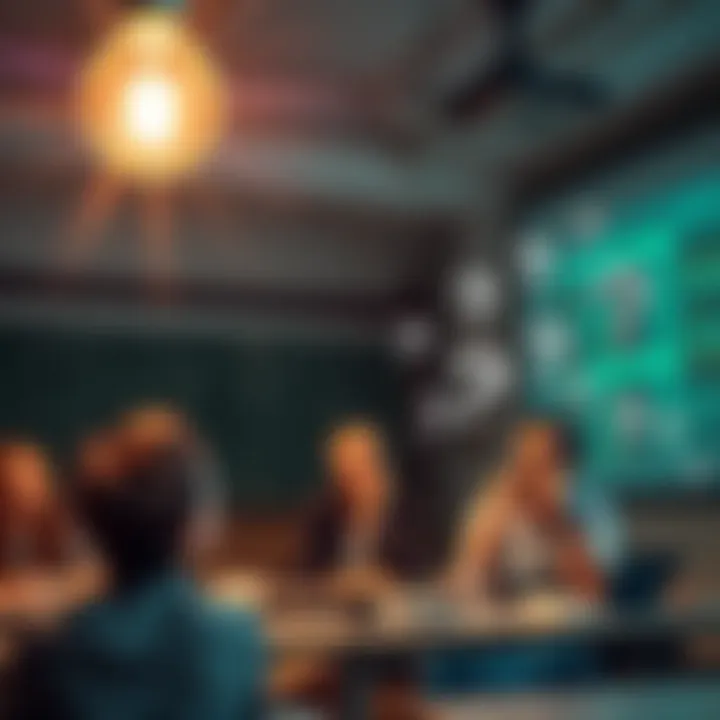 A light bulb illuminating various intriguing facts and questions in a classroom setting with curious people engaged in discussion.