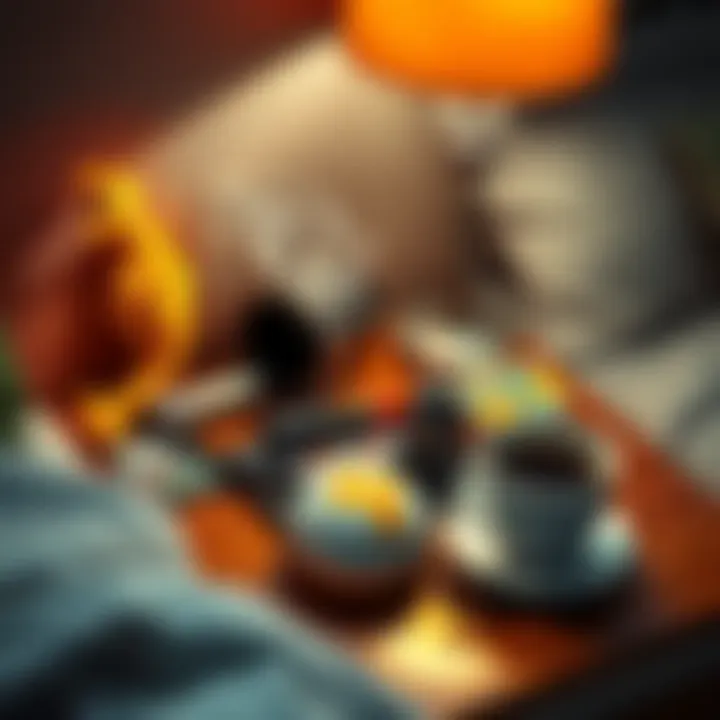 A cluttered nightstand featuring bizarre and humorous objects like a rubber chicken, a flashlight, and a half-finished cup of coffee.