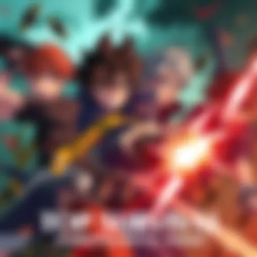 Dynamic scene of anime characters engaged in a survival battle, showcasing intense emotions and action, with a dramatic background