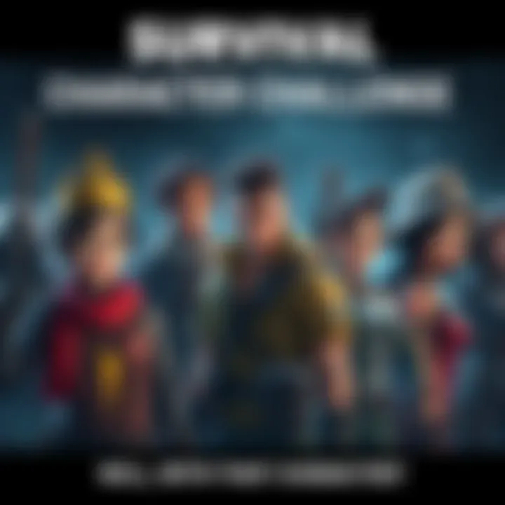 Survival Character Challenge A group of diverse characters preparing for a survival challenge, each displaying unique skills and looks, ready to face obstacles together.