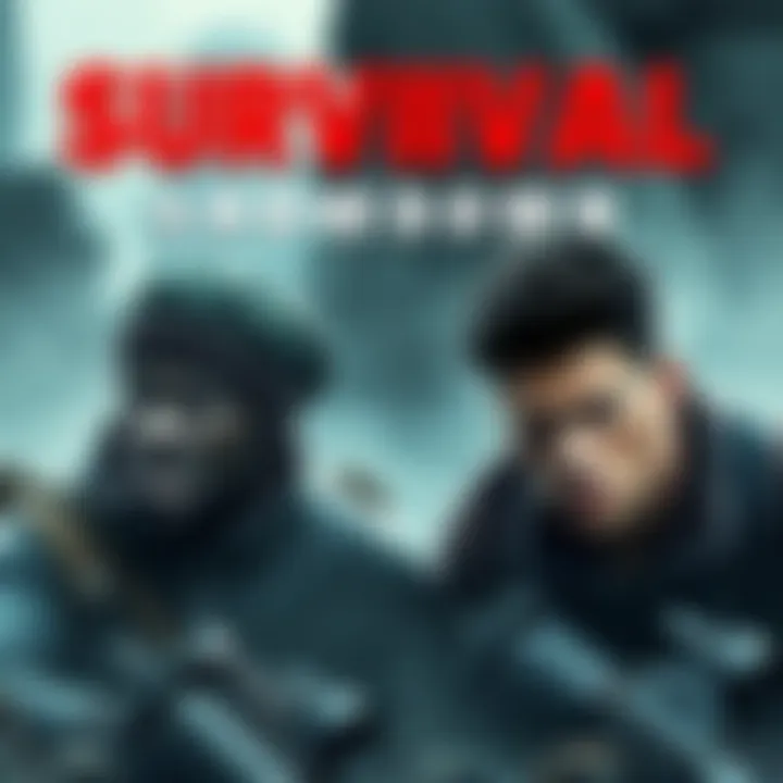 A tense moment showing characters facing a survival challenge, with dramatic expressions and a rugged background, highlighting the fight for survival.