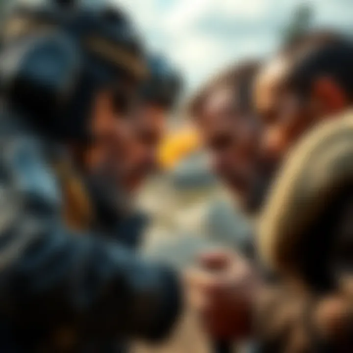 Four competitors facing off in a rugged outdoor setting, preparing for a challenge with intense expressions.