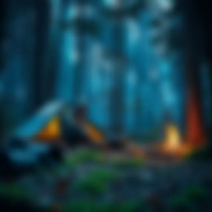 A person setting up a campsite in the woods, preparing gear for survival, with trees and outdoor equipment visible.