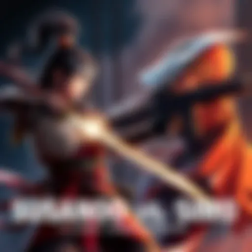 A sword-wielding warrior Susanoo faces off against Simo, a marksman with a firearm, illustrating their combat styles in a dramatic showdown.