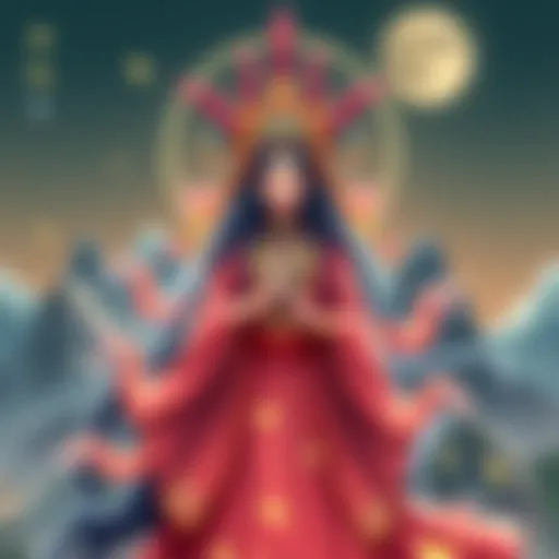 Illustration of Suwako Moriya, the Amphibian Goddess of Mountains, depicted with a frog motif in a mountainous setting.