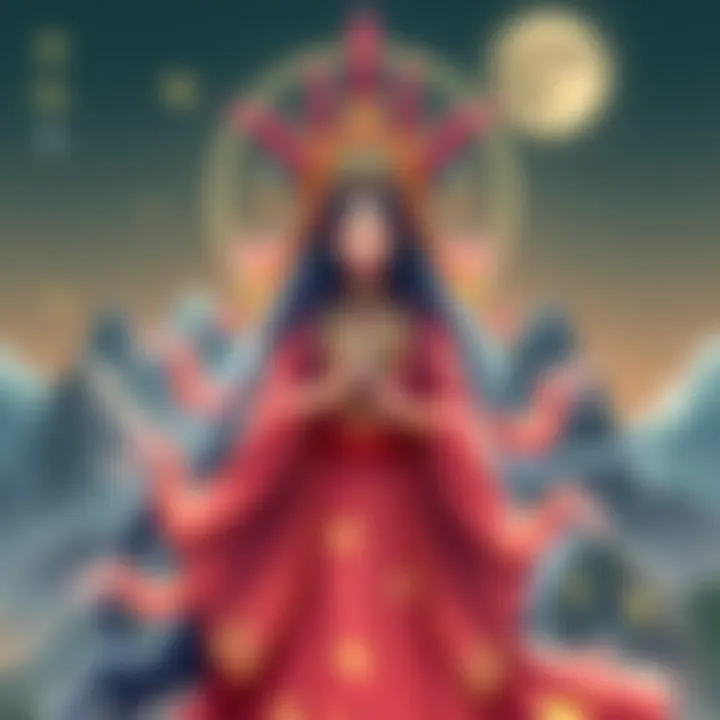Illustration of Suwako Moriya, the Amphibian Goddess of Mountains, depicted with a frog motif in a mountainous setting.