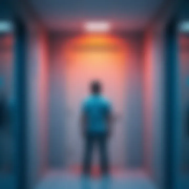 A person stands in front of a closed bathroom door, looking confused and concerned about not taking any breaks.
