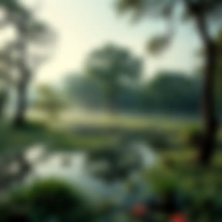 A serene swamp with calm waters surrounded by lush greenery and gentle mist, suggesting tranquility and reflection.