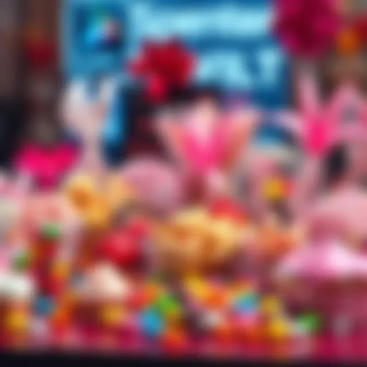 An array of colorful candies and sweets arranged on a table, showcasing various flavors and textures